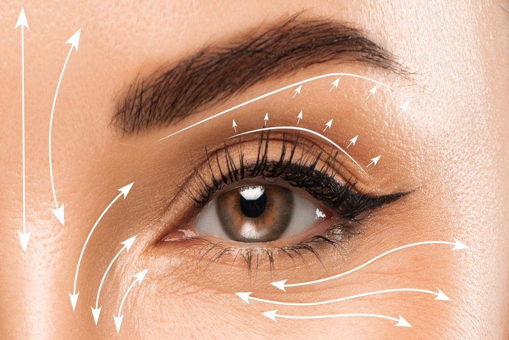 Woman receiving anti-wrinkle injections around eyes for rejuvenation of sagging skin during aesthetic cosmetology treatment at beauty salon